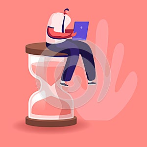 Procrastination in Business Process Concept. Businessman Sitting on Hourglass with Laptop in Hands. Time Management