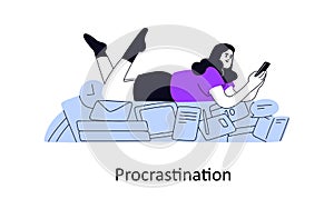 Procrastination concept. Lazy irresponsible unproductive person postponing, delaying work for later time, distracted by