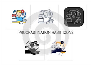 Procrastination habit icons set