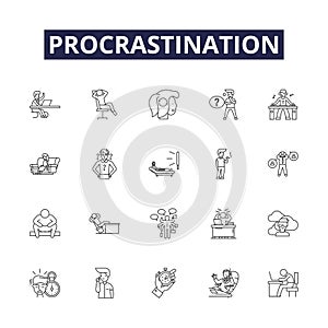 Procrastination line vector icons and signs. Postponing, Lagging, Stalling, Deferring, Delaying, Indolence, Idleness photo