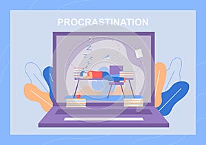 Procrastination Metaphor Banner with Sleepy Man