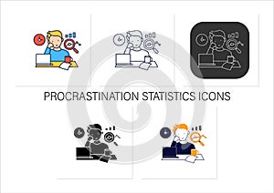 Procrastination statistics icons set