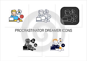 Procrastinator dreamer icons set
