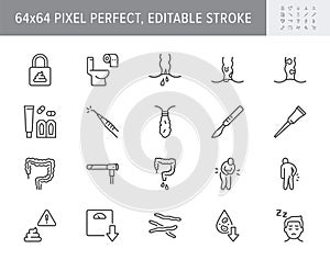 Proctologist line icons. Vector illustration include icon - toilet paper, colon, polyp, suppositories, anal fissure