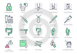 Proctologist line icons. Vector illustration include icon - toilet paper, colon, polyp, suppositories, anal fissure