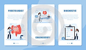 Proctology banner set. Intestine exam and treatment. Female proctologist make diagnosis and choose therapy. Colonoscopy