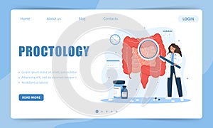 Proctology concept. Landing page template. Female doctor with magnifier examine intestine. Woman in lab coat analysis