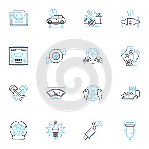 Procure a wagon linear icons set. Purchase, Transport, Logistics, Freight, Hauling, Carriage, Conveyance line vector and