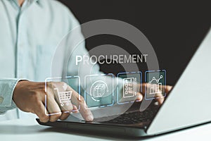 Procurement Management Industry concept. Businessmen use a laptop computer with procurement icons photo