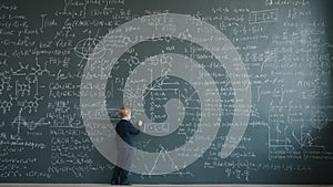 Prodigy child in suit writing formulas on huge blackboard in school classroom