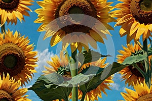 Produce an artistic rendition of a field of sunflowers under a bright blue sky. photo