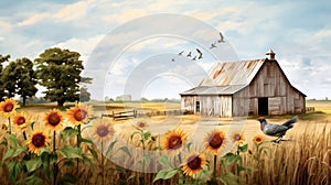 card with a rustic barn, sunflowers and the words Wishing you a day of simple joys photo