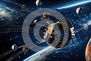 An image of a satellite array in Earth's orbit, capturing multiple satellites against the backdrop of the curvature of th