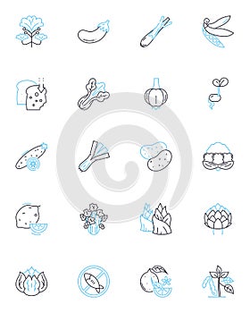 Produce linear icons set. Fresh, Ripe, Seasonal, Organic, Local, Juicy, Nutritious line vector and concept signs. Farm