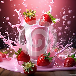 produce a macro photograph of a single droplet of strawberry milk suspended in mid air after a splas photo