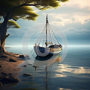 produce a serene maritime scene featuring a boat in isolation surrounded only by the vastness