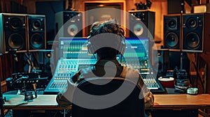 Producer wearing headphones in a recording studio