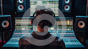 Producer wearing headphones in a recording studio