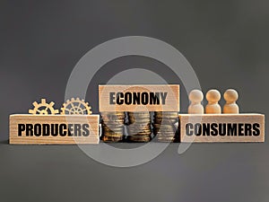 PRODUCERS ECONOMY CONSUMERS text background. Economic system concept. Stock photo.