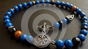 produces AI generates, prayer beads with blue precious stones, efficacious, great auspicious objects photo