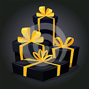 product background for Christmas, New year and sale event concept. Black gift box with golden ribbon bow on black