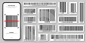 Product barcodes collection. Smartphone application, scanner app. Identification tracking code. Serial number, product