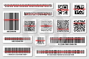 Product barcodes and QR codes with red scanning line. Identification tracking code. Serial number, product ID with