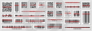 Product barcodes and QR codes with red scanning line. Identification tracking code. Serial number, product ID with