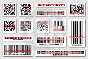 Product barcodes and QR codes with red scanning line. Identification tracking code. Serial number, product ID with