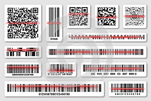 Product barcodes and QR codes with red scanning line. Identification tracking code. Serial number, product ID with