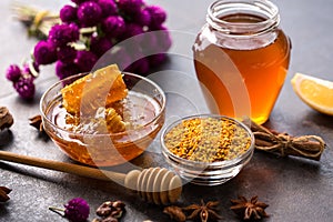 Product of bee- honeycomb, pollen, propolis, honey