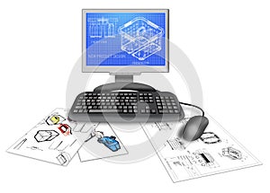 Ilustración de un modelo 3d del diseño de un producto en un monitor de computadora con los dibujos y planos aislados en fondo blanco.