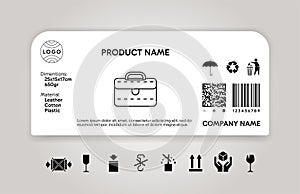 Product description sticker. Goods id card. Dimensions and material descriptor. Cargo label. Shipping icons. Package