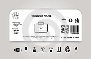 Product description sticker. Goods id card. Dimensions and material descriptor. Cargo label. Shipping icons. Package photo