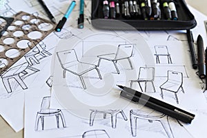 Product design sketching with pens pencils and drawing instruments