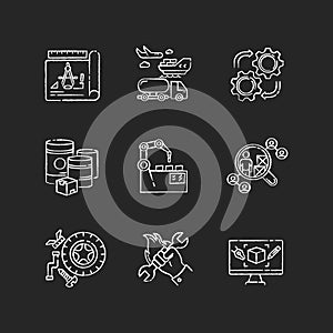 Product development process chalk white icons set on black background