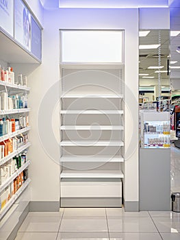 Product display area with empty shelves inside a shop