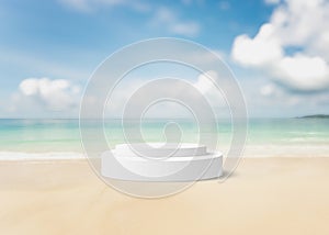 Product display podium on the beach nature sea blurred background