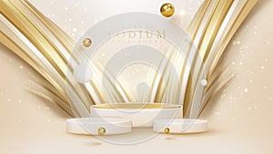Product display podium with golden curve line element and ball decoration and glitter light effect