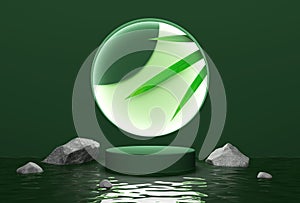 product display podium green backdrop. Glowing circle wall with bamboo leaves and stones on water surface. pedestal zen style.