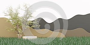 Product display podium meadows trees and mountains natural landscape 3D illustration