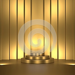 Product display or showcase pedestal on gold background product template. 3D rendering