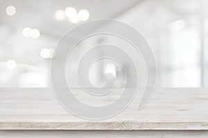 Product display template, empty table and blurred abstract room background