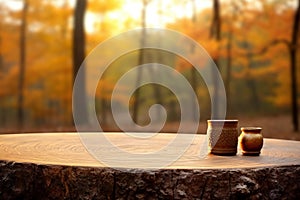 Product display or wooden table and blurred autumn forest with colorful leaves landscape, autumn background layout. Generative AI