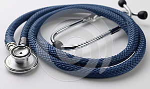 Product Electric blue stethoscope with silver wire circle on white surface