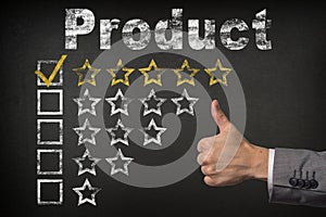 Product five 5 star rating. thumbs up service golden rating stars on chalkboard