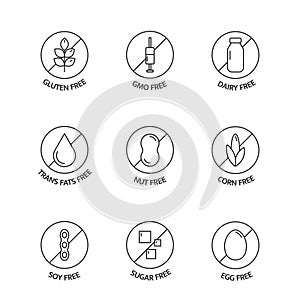 Product free allergen line icons. Food intolerance. Organic food and drink stickers. Natural products labels. Food photo