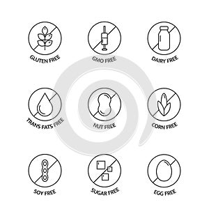 Product free allergen line icons. Food intolerance. Organic food and drink stickers. Natural products labels. Food