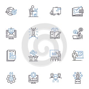 Product launch line icons collection. Launch, Buzz, Event, Unveiling, Release, Premiere, Debut vector and linear photo