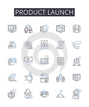 Product launch line icons collection. Campaign kickoff, Event launch, Book release, Movie premiere, Fashion debut, Album